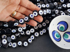 Black Evil Eye Beads, Black Glass Evil Eyes, Nazar Beads, Protective, Lucky Beads, Handmade, Turkish Glass Beads, 16 mm - VALUE PACK 6pc