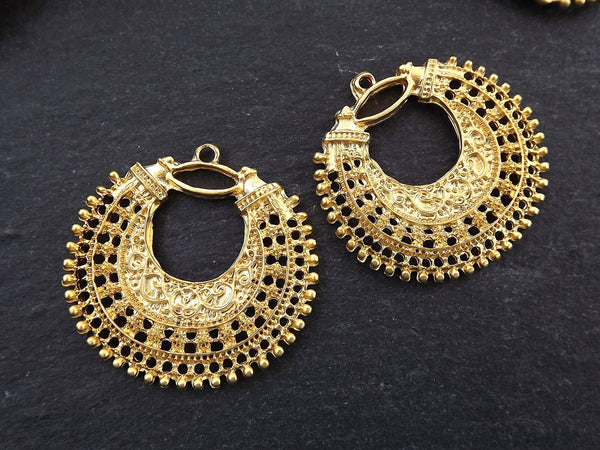 Gold Earring Pendant, Exotic Pendant, Filigree Pendant, Earring Chandelier, Large Gold Pendant, Gold Crescent, 22k Matte Gold Plated - 2pc