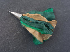 Sari Silk Tassel, Ethnic Pendant, Green Tassel, Mustard, Emerald Green, Boho, Bohemian, Antique Silver, Silver Cap, 4.4 inches - 113mm, 1pc