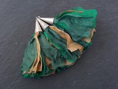 Sari Silk Tassel, Ethnic Pendant, Green Tassel, Mustard, Emerald Green, Boho, Bohemian, Antique Silver, Silver Cap, 4.4 inches - 113mm, 1pc