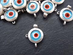 Blue Evil Eye Pendant, Evil Eye Charm, Glass Evil Eye, Lucky Bead, Turkish Eye, Greek Eye, Bracelet Pendant, Matte Antique Silver Plated 1pc