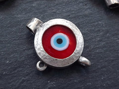 Red Evil Eye Pendant, Evil Eye Charm, Glass Evil Eye, Lucky Bead, Turkish Eye, Greek Eye, Bracelet Pendant, Matte Antique Silver Plated 1pc