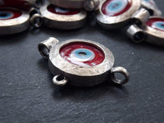 Red Evil Eye Pendant, Evil Eye Charm, Glass Evil Eye, Lucky Bead, Turkish Eye, Greek Eye, Bracelet Pendant, Matte Antique Silver Plated 1pc