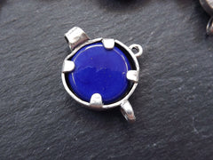 Evil Eye Pendant Connector, Royal Blue Evil Eye, Evil Eye Charm, Glass Evil Eye, Lucky Bead, Turkish Greek Eye, Antique Silver Plated 1pc