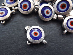 Evil Eye Pendant Connector, Royal Blue Evil Eye, Evil Eye Charm, Glass Evil Eye, Lucky Bead, Turkish Greek Eye, Antique Silver Plated 1pc