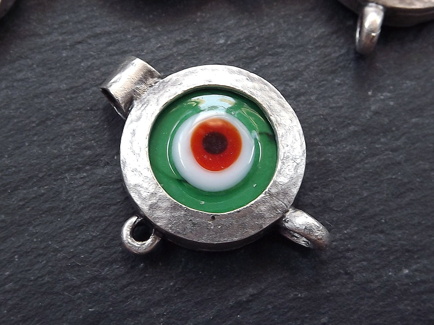Evil Eye Pendant, Green Evil Eye, Evil Eye Charm, Glass Evil Eye, Green Eye, Lucky Bead, Turkish Eye, Greek Eye, Antique Silver Plated 1pc