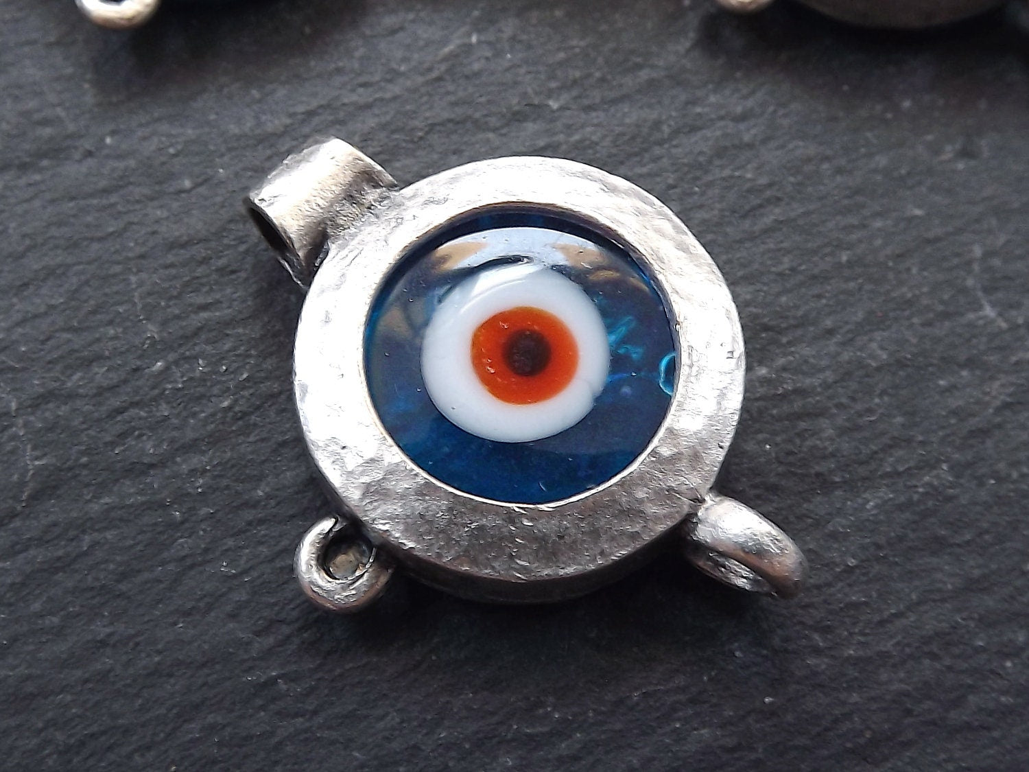 Evil Eye Pendant, Translucent Blue, Blue Evil Eye, Evil Eye Charm, Glass Evil Eye, Lucky, Turkish Eye, Greek Eye, Antique Silver Plated 1pc