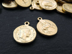 Greek Gold Coin, Coin Charm, Rustic Coin, Large Coin, Syracuse Didrachm, Coin Pendant, Artemis, Greek Mythology, 22k Matte Gold Plated 2pc