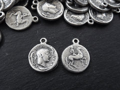 Greek Silver Coin, Coin Charm, Rustic Coin, Large Coin, Syracuse Didrachm, Coin Pendant, Artemis, Greek Mythology, Antique Silver Plated 2pc