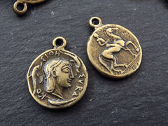 Greek Bronze Coin, Coin Charm, Rustic Coin, Large Coin, Syracuse Didrachm, Coin Pendant, Artemis, Greek Mythology, Antique Bronze Plated 2pc