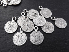 Silver Coin Charms, Large Round Coins, Replica Coins, Turkish Coin Charms, Silver Coins, Tughra Detail, Bohemian, Matte Silver Plated 10pcs