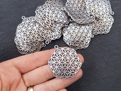 Silver Flower of Life Pendant, Hexagon Pendant, Disc Pendant, Ethnic Pendant, Mandala Jewelry, Yoga Pendant, Matte Antique Silver 2pc