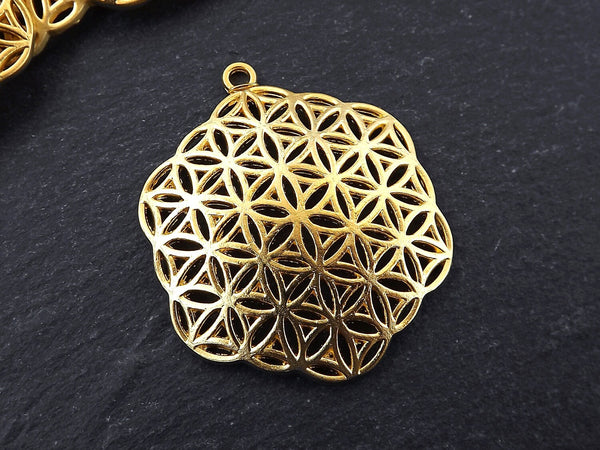 Flower of Life Pendant, Hexagon Pendant, Disc Pendant, Ethnic Pendant, Mandala Jewelry, Yoga Pendant, 22k Matte Gold Plated 2pc