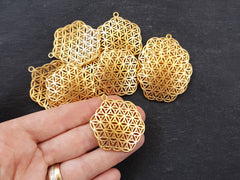 Flower of Life Pendant, Hexagon Pendant, Disc Pendant, Ethnic Pendant, Mandala Jewelry, Yoga Pendant, 22k Matte Gold Plated 2pc