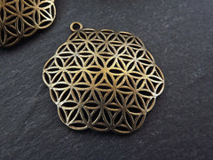 Bronze Flower of Life Pendant, Hexagon Pendant, Disc Pendant, Ethnic Pendant, Mandala Jewelry, Yoga Pendant, Antique Bronze Plated 2pc