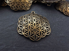 Bronze Flower of Life Pendant, Hexagon Pendant, Disc Pendant, Ethnic Pendant, Mandala Jewelry, Yoga Pendant, Antique Bronze Plated 2pc