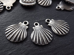 Small Shell Charms, Seashell Charms, Clam Shell, Scallop Shell, Mermaid Shell, Shell Pendant, Beach Charm, Matte Antique Silver Plated 3pc