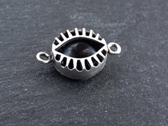 Black Evil Eye Jade Onyx Connector Charm, Evil Eye Pendant, Evil Eye Charm, Necklace Pendant, Lucky, Protective, Antique Silver Plated - T2