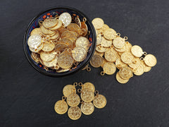 Gold Coin Charms, Turkish Pendant Ethnic Replica Medallio Coins, Rustic 17mm Coin, 22k Matte Gold Plated 8pcs