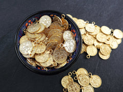 Gold Coin Charms, Turkish Pendant Ethnic Replica Medallio Coins, Rustic 17mm Coin, 22k Matte Gold Plated 8pcs