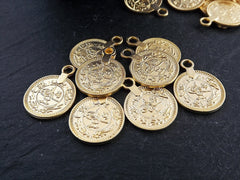 Gold Coin Charms, Turkish Pendant Ethnic Replica Medallio Coins, Rustic 17mm Coin, 22k Matte Gold Plated 8pcs