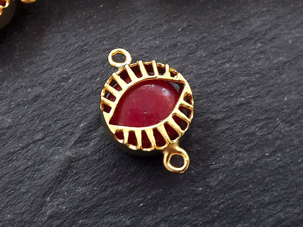 Red Evil Eye Charm, Evil Eye Connector, Jade Stone, Caged Evil Eye, Lucky, Protective, Turkish Evil Eye, Greek Eye, Nazar, 22k Matte Gold