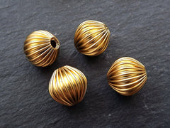 Gold Corrugated Bead Spacers, Large Round Lightweight Hollow Bead, Ribbed Bead, Fluted, 12mm, 22k Matte Gold Plated 4pc