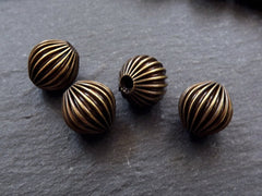 Corrugated Bead, Round Bronze Bead, Ribbed Bead, Large Round Bead, Fluted, Beading Supplies, 12mm Beads, Antique Bronze Plated 4pc