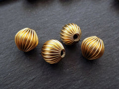 Gold Corrugated Bead Spacers, Large Round Lightweight Hollow Bead, Ribbed Bead, Fluted, 12mm, 22k Matte Gold Plated 4pc