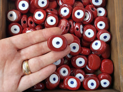 Red Evil Eye Beads, Red Evil Eye, Cranberry Red,  Nazar, Glass Bead, Handmade, Protective, Lucky, Greek Eye, Amulet, 26 mm VALUE PACK - 5pc