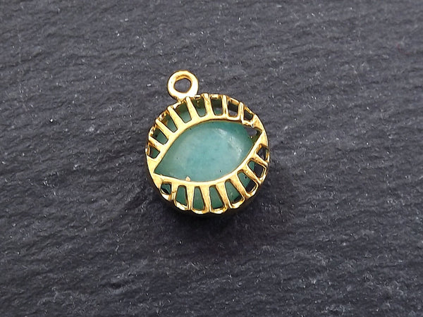 Aqua Evil Eye Charm, Evil Eye Pendant, Jade Stone, Lucky, Protective, Turkish Evil Eye, Greek Eye, Nazar, LIGHT AQUA, 22k Matte Gold