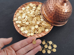 Mini Gold Coin Charm Pendants, Small Round Chunky Coins, 22k Matte Gold Plated - 10pc