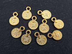 Mini Gold Coin Charm Pendants, Small Round Chunky Coins, 22k Matte Gold Plated - 10pc