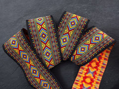 Ethnic Geometric Ribbon, Orange, Red, Blue, Black, Woven, Embroidered Ribbon, Jacquard Trim, 50mm Wide - 1 Meter or 3.3 Feet or 1.09 Yards