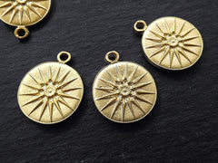 Gold Greek Vergina Sun Coin Pendant Charm, Ancient Macedonian Star Royal Symbol, Argead Star, Greek Sunburst Flower, 22k Matte Gold 3pc