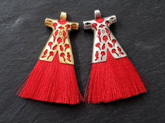 Red Tassel Pendant, Caftan Pendant, Red Caftan Pendant, Red Silk Tassel Pendant, Floral Pendant, Silver Caftan, Antique Silver Plated -1PC
