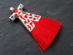 Red Tassel Pendant, Caftan Pendant, Red Caftan Pendant, Red Silk Tassel Pendant, Floral Pendant, Silver Caftan, Antique Silver Plated -1PC