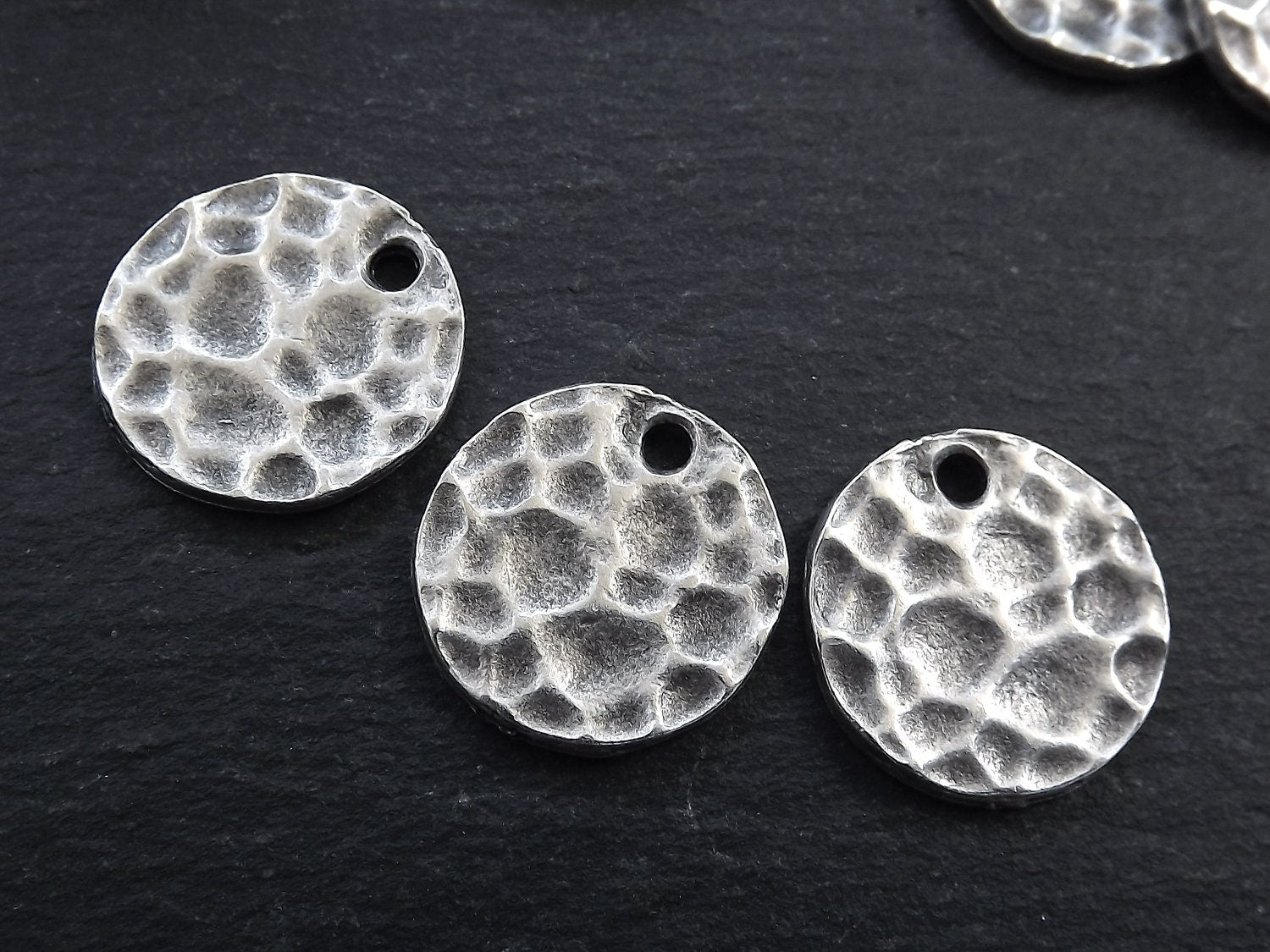 Hammered Coin Disc Charms, Small Round Pendant, Antique Silver Plated - 3pc