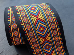 Ethnic Ribbon, Geometric, Orange, Red, Blue, Black, Thick Ribbon, Embroidered, Jacquard Trim, 100mm Wide - 1 Meter or 3.3 Feet or 1.09 Yards