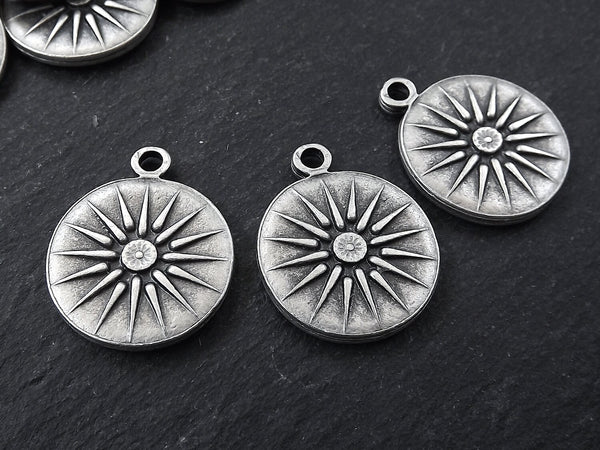 Silver Sun Pendant, Sunburst Pendant, Flower, Sunburst Charm, Sun Charm, Flower Charm, Coin Charm, Disc, Boho, Antique Silver Plated 3pc