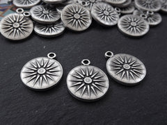 Silver Sun Pendant, Sunburst Pendant, Flower, Sunburst Charm, Sun Charm, Flower Charm, Coin Charm, Disc, Boho, Antique Silver Plated 3pc