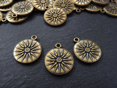 Bronze Sun Pendant, Sunburst Pendant, Flower, Sunburst Charm, Sun Charm, Flower Charm, Coin Charm, Disc, Boho, Antique Bronze Plated 3pc