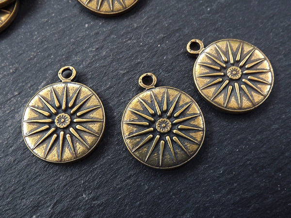 Bronze Sun Pendant, Sunburst Pendant, Flower, Sunburst Charm, Sun Charm, Flower Charm, Coin Charm, Disc, Boho, Antique Bronze Plated 3pc