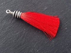 Red Tassel Pendant, Red Thread Tassel, Red Tassel, Tiered Cap, Red Silk Tassel, Boho, Antique Silver Plated Cap - 76mm = 3 inches - 1 pc