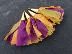 Sari Silk Tassel, Ethnic Pendant, Purple, Olive Green, Mustard Yellow, Boho, Bohemian, Tassel Pendant, Gold Cap, 4.4 inches - 113mm, 1 pc