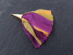 Sari Silk Tassel, Ethnic Pendant, Purple, Olive Green, Mustard Yellow, Boho, Bohemian, Tassel Pendant, Gold Cap, 4.4 inches - 113mm, 1 pc