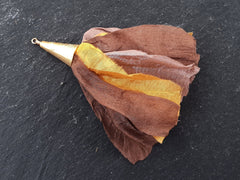 Sari Silk Tassel, Ethnic Pendant, Brown, Mocha Brown, Mustard Yellow, Boho, Bohemian, Tassel Pendant, Gold Cap, 4.4 inches - 113mm, 1 pc