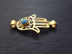 Gold Hamsa Pendant, Hamsa Connector, Hand of Fatima, Blue Hamsa Pendant, Hand Connector, Pale Blue Glass, 22k Matte Gold Plated 1pc