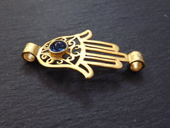 Gold Hamsa Pendant, Hamsa Connector, Hand of Fatima, Blue Hamsa Pendant, Hand Connector, Translucent Blue Glass, 22k Matte Gold Plated 1pc