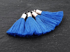 Mini Blue Tassels, Cobalt Blue, Mini Tassels, Tassel Charms, Earring Tassel, Bracelet Tassel, Fringe, Antique Silver Plated Cap, 26mm 4pc